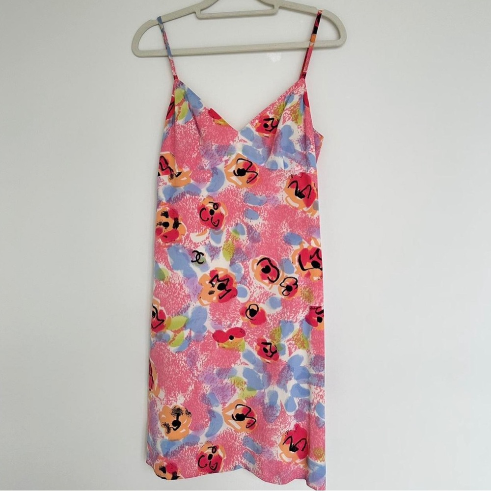 Vintage 1997 Chanel Silk camellia flower slip printed logo dress